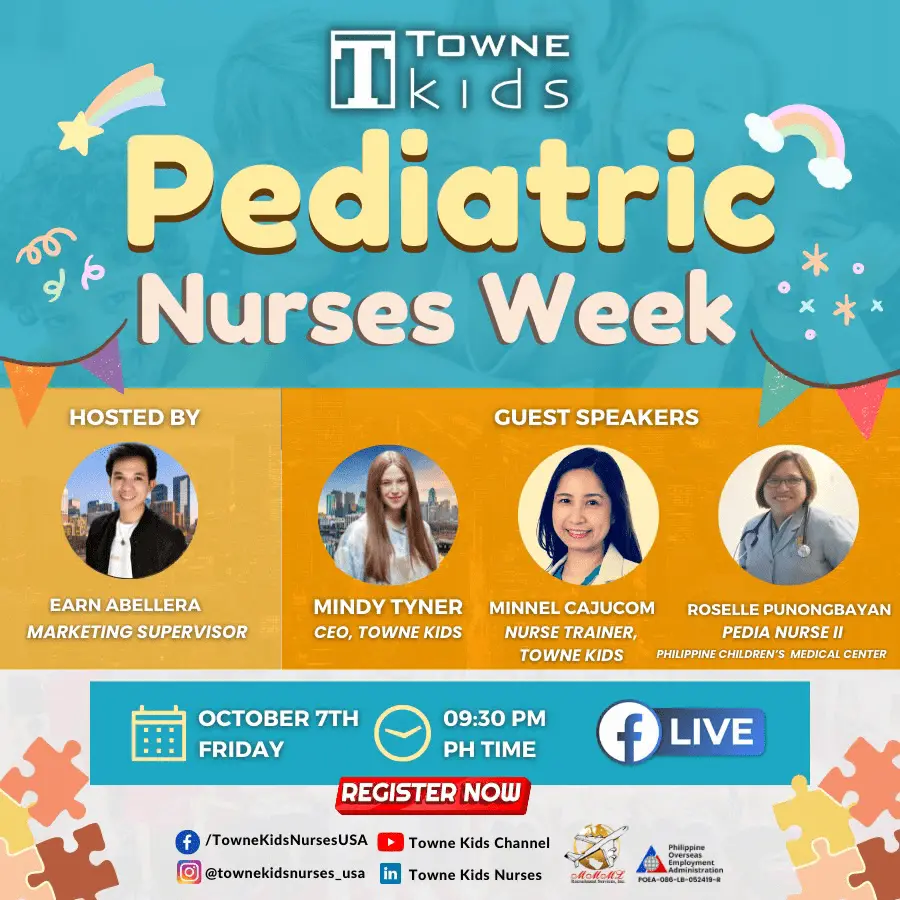 Colorful Pediatric Nurses Week poster with guest speakers and event details hosted by Towne Kids.