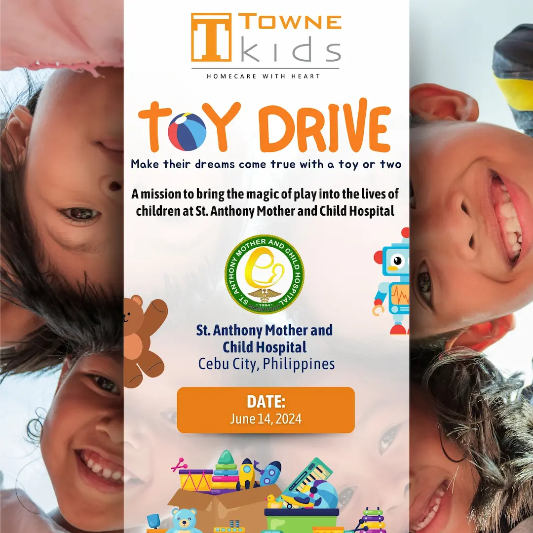 Towne Kids Toy Drive poster promoting June 14 event at St. Anthony Mother and Child Hospital in Cebu City