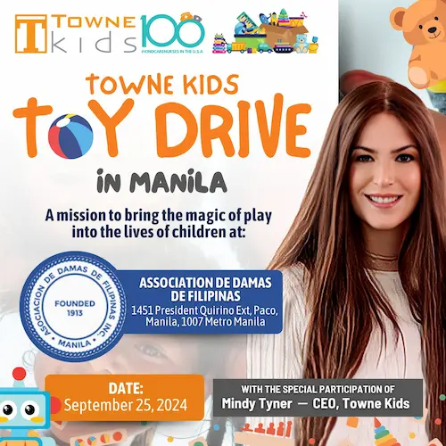 Towne Kids Toy Drive flyer for Manila event on September 25, 2024 featuring playful graphics and event details