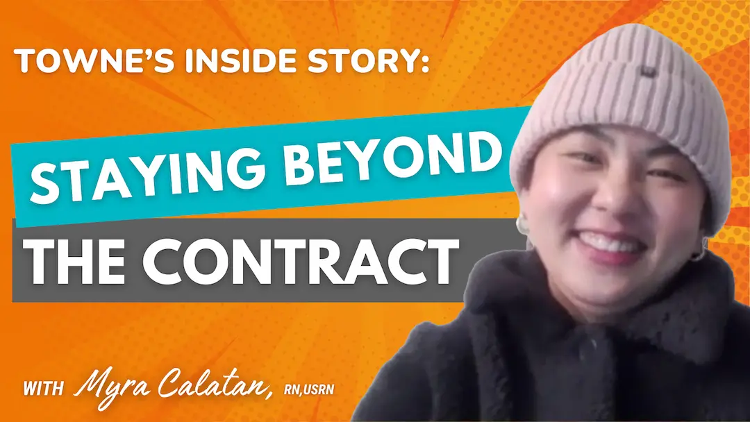 Smiling person in winter jacket and pink beanie on orange background with text “Tonwne’s Inside Story, Staying Beyond the Contract with Myra Calatan, RN, USRN