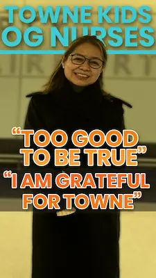 Person wearing black eyeglasses and winter clothing with the text “Too Good To Be True” and “I am grateful for towne”