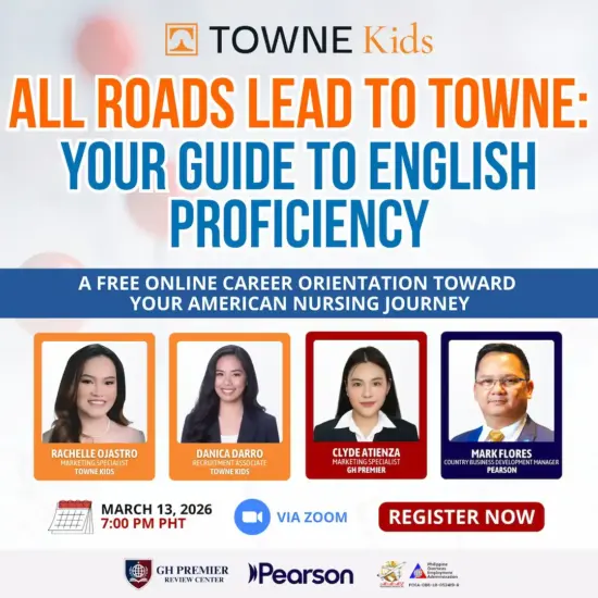 Promotional poster for Towne Kids with title text "All Roads Lead to Towne: Your Guide to English Proficiency," featuring 3 female and 1 male speakers