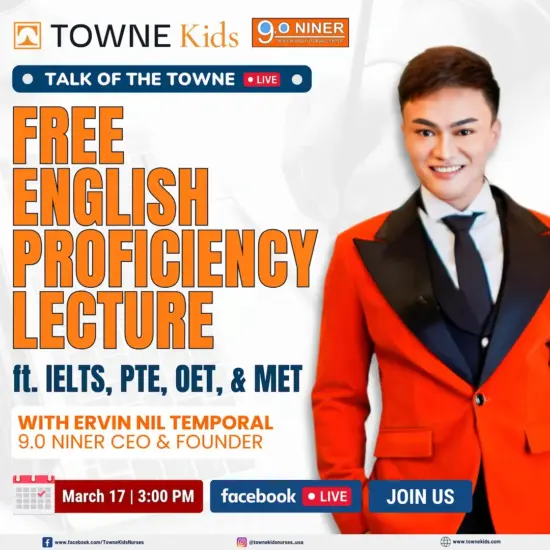 Promotional poster for Towne Kids with title text "Free English Proficiency Lecture" featuring 1 male speakers