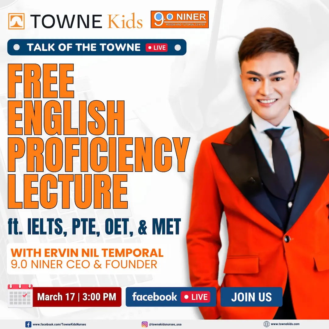 Promotional poster for Towne Kids with title text "Free English Proficiency Lecture" featuring 1 male speakers