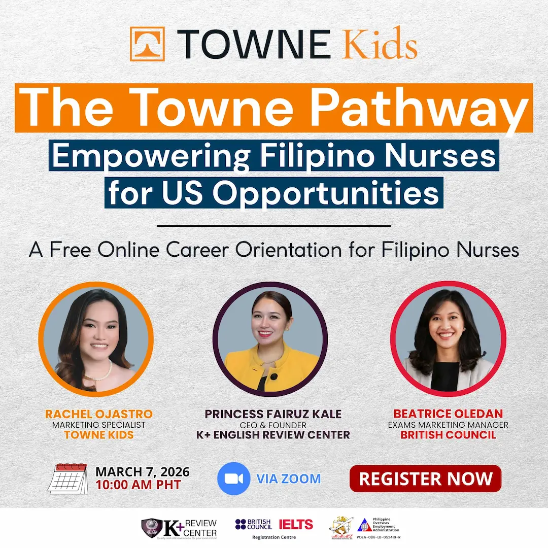 Promotional poster for Towne Kids The Towne Pathway webinar empowering Filipino nurses for U.S. career opportunities, featuring three female speakers