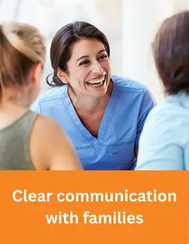 Pediatric nurse communicating clearly with family members during home care visit in the USA