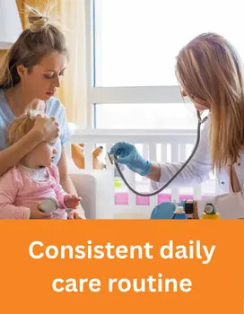 Pediatric home care nurse performing daily care routine for child patient with parent present USA